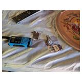 Decorative Household Items Including Wooden Tray and Carousel, Remote, and Keychains
