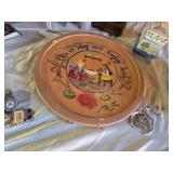 Decorative Household Items Including Wooden Tray and Carousel, Remote, and Keychains