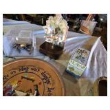 Decorative Household Items Including Wooden Tray and Carousel, Remote, and Keychains