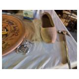 Decorative Household Items Including Wooden Tray and Carousel, Remote, and Keychains