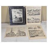 Lot of Antique Lithograph Prints Including Churches and Mills featuring scenes like Christ Church in Red Wing, Swedish Lutheran Church, and Minnesota mills.