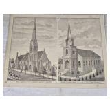 Lot of Antique Lithograph Prints Including Churches and Mills featuring scenes like Christ Church in Red Wing, Swedish Lutheran Church, and Minnesota mills.
