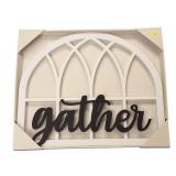 Home decor set with a sleek circular mirror, a "gather" sign, and small signs that say "family" and "happy place.