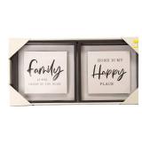 Home decor set with a sleek circular mirror, a "gather" sign, and small signs that say "family" and "happy place.