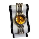 RARE  Vintage ! Raymond Jewel quartz watch, stainless steel, gold dial, amber dome crystal.