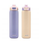 NEW Ello Pop & Fill 22oz. Stainless Steel Water Bottle with Leak Proof Locking Lid, 2-Pack Cornflower/ Blush Breeze