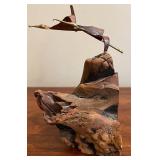 DR - Vintage Brass Bird on Driftwood Sculpture