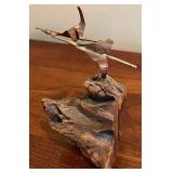 DR - Vintage Brass Bird on Driftwood Sculpture