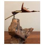 DR - Vintage Brass Bird on Driftwood Sculpture