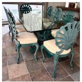 LLP - Teal Sunburst Patio Dining Set with Glass Table - 8 Cushioned Chairs
