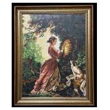 LL - Needlepoint Framed Art - Vintage Girl with Dog Outdoors
