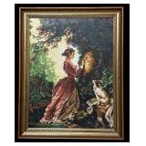 LL - Needlepoint Framed Art - Vintage Girl with Dog Outdoors