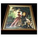 LL - Needlepoint Framed Art - Vintage Girl with Dog Outdoors