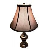 LBR - Table Lamp - Bronze Turned Base, Beige Fabric Shade, 26 in Tall