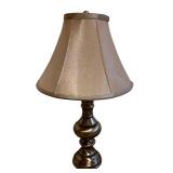 LBR - Table Lamp - Bronze Turned Base, Beige Fabric Shade, 26 in Tall