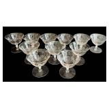 DR - Vintage Fostoria Arcady Etched Floral Glassware - 5 Goblets, 11 Champagne Coupes, 12 Plates, 7 1/4 in tall