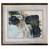 FR - Blaine Watercolor Waterfall Scene - Abstract Landscape, Framed