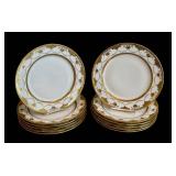 LR - Vintage M.E. & Co France Antique Porcelain Dinner Plates Set of 12, Gold Border
