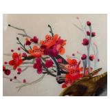 O - Silk Embroidered Wall Hanging - Two Birds on Blossoms, 18.75 x 19 in, Framed
