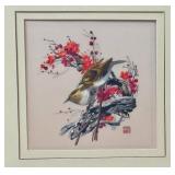 O - Silk Embroidered Wall Hanging - Two Birds on Blossoms, 18.75 x 19 in, Framed