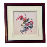 O - Silk Embroidered Wall Hanging - Two Birds on Blossoms, 18.75 x 19 in, Framed