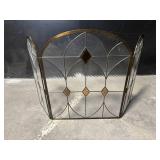 3-Panel Stained Glass Fireplace Screen - Art Deco Brass Trim