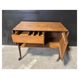Oak Mid-Century Drop-Leaf Console Desk - Drawer & Cabinet on Casters
