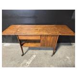 Oak Mid-Century Drop-Leaf Console Desk - Drawer & Cabinet on Casters