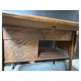 Oak Mid-Century Drop-Leaf Console Desk - Drawer & Cabinet on Casters