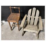 Set of 4 Vintage Wooden Chairs: Child High Chair, Cushioned Armchair, Side Chair, Adirondack Chair