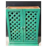 Green Painted Wood Cabinet with Lattice Doors - Freestanding, 2-Shelf Interior