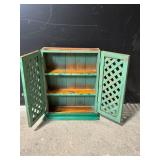 Green Painted Wood Cabinet with Lattice Doors - Freestanding, 2-Shelf Interior