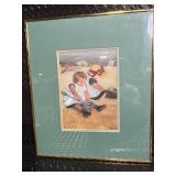 Framed Beach Scene Prints - Pair of Vintage Reproductions in Teal Mats