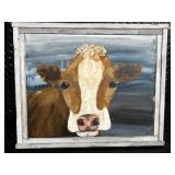 Cow Portrait Painting by A.V. - Folk Art on Canvas, Distressed White Frame