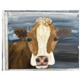 Cow Portrait Painting by A.V. - Folk Art on Canvas, Distressed White Frame