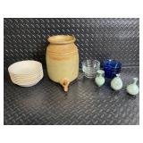 Celadon Ceramics & Glass Lot - Jug w/ Spigot, 3 Bud Vases, White Bowls