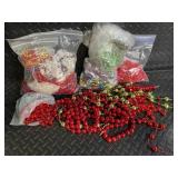 Christmas Ornament Lot: Etched Glass Ball Ornament, 2 Silver Filigree Balls, Bead Garlands & Ribbon