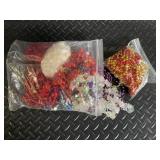 Christmas Ornament Lot: Etched Glass Ball Ornament, 2 Silver Filigree Balls, Bead Garlands & Ribbon