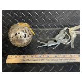 Christmas Ornament Lot: Etched Glass Ball Ornament, 2 Silver Filigree Balls, Bead Garlands & Ribbon