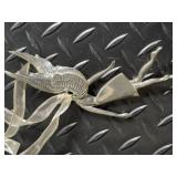 Christmas Ornament Lot: Etched Glass Ball Ornament, 2 Silver Filigree Balls, Bead Garlands & Ribbon