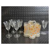 Vintage Frosted Glassware Set with Orange Leaf Motif - Clear Etched Wine Glasses & Champagne Flutes