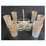 Vintage Frosted Glassware Set with Orange Leaf Motif - Clear Etched Wine Glasses & Champagne Flutes