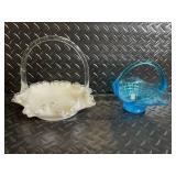 Vintage Glass Candy Baskets - White Milk Glass Ruffled Edge with Clear Handle, Cobalt Blue Basket