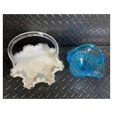 Vintage Glass Candy Baskets - White Milk Glass Ruffled Edge with Clear Handle, Cobalt Blue Basket