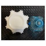 Vintage Glass Candy Baskets - White Milk Glass Ruffled Edge with Clear Handle, Cobalt Blue Basket