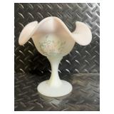 Fenton Hand Painted Milk Glass Hobnail 4-Piece Set - Lidded Jar, Floral Compote, Yellow Interior Baskets