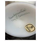 Fenton Hand Painted Milk Glass Hobnail 4-Piece Set - Lidded Jar, Floral Compote, Yellow Interior Baskets