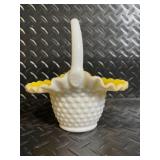 Fenton Hand Painted Milk Glass Hobnail 4-Piece Set - Lidded Jar, Floral Compote, Yellow Interior Baskets