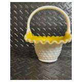 Fenton Hand Painted Milk Glass Hobnail 4-Piece Set - Lidded Jar, Floral Compote, Yellow Interior Baskets