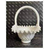 Fenton Hand Painted Milk Glass Hobnail 4-Piece Set - Lidded Jar, Floral Compote, Yellow Interior Baskets